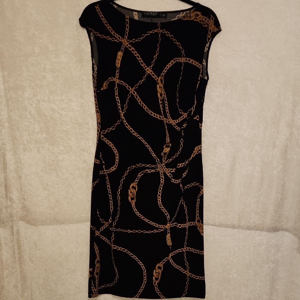 Ralph Lauren Black Gold Sheath Dress Bateau Neckline